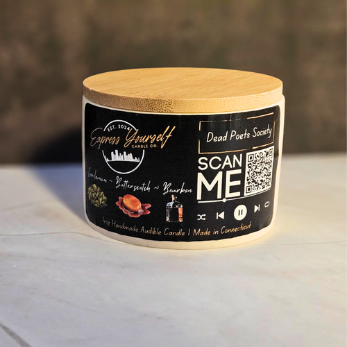 Handmade Butterscotch, and Bourbon luxury coconut apricot wax candle with QR code.