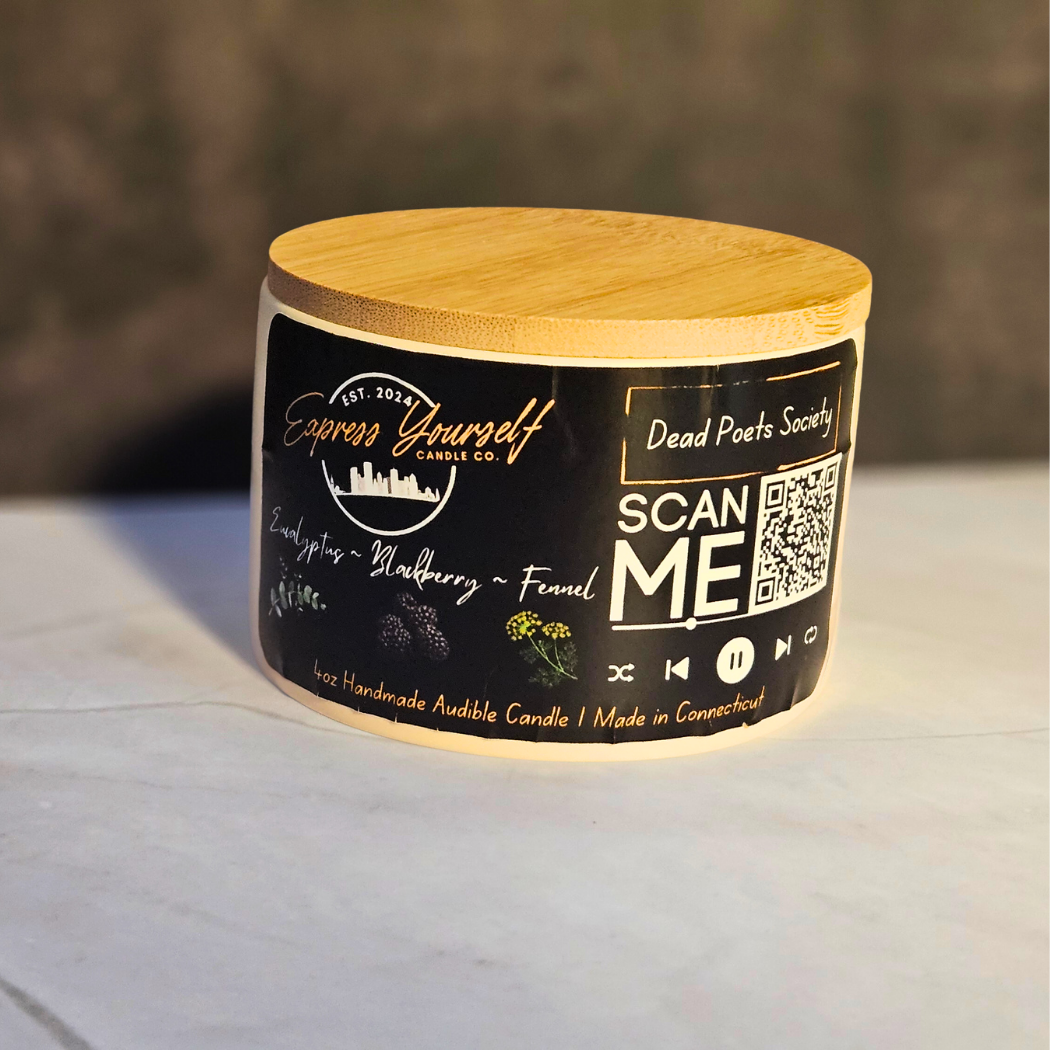 Handmade Eucalyptus, Blackberry, and fennel luxury coconut apricot wax candle with QR code.
