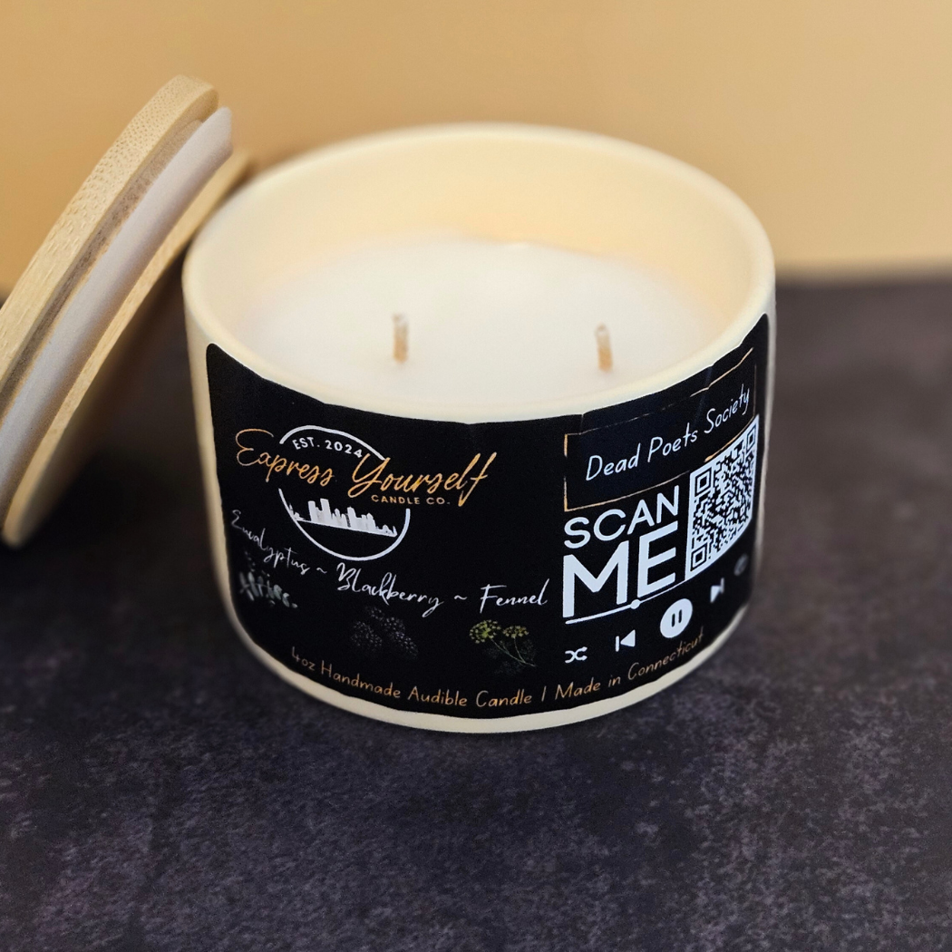 Handmade Eucalyptus, Blackberry, and fennel luxury coconut apricot wax candle with QR code.