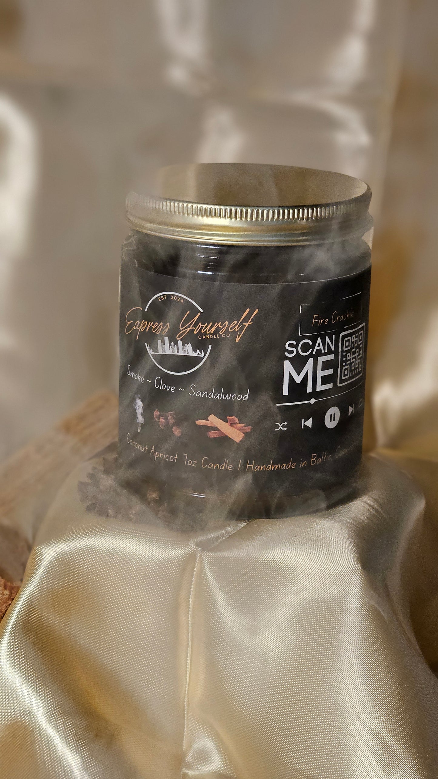 Smoke, Clove, and Sandalwood Scented Candle with Fire Crackle Audio