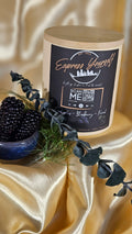 Handmade Eucalyptus, Blackberry, and fennel luxury coconut apricot wax candle with QR code.