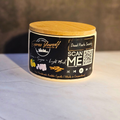 Handmade Lemon, Sugar, and Light Musk luxury coconut apricot wax candle with QR code label.