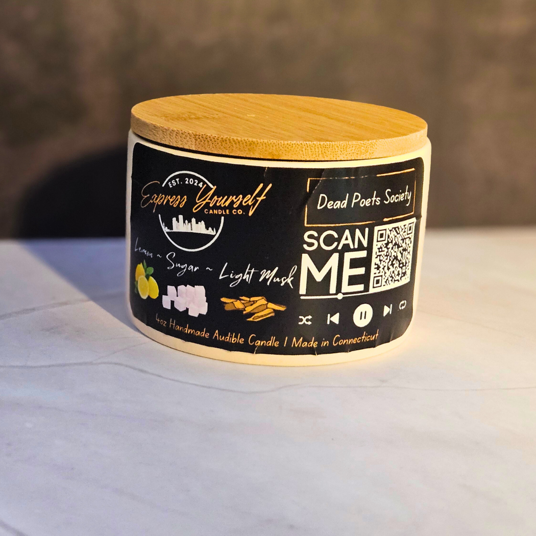 Handmade Lemon, Sugar, and Light Musk luxury coconut apricot wax candle with QR code label.