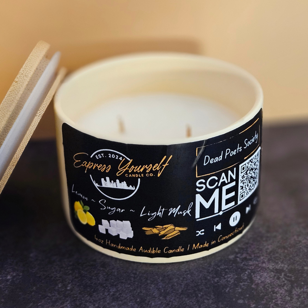 Handmade Lemon, Sugar, and Light Musk luxury coconut apricot wax candle with QR code label.