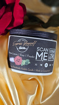 Mini Messenger personalized green leave and rose scented luxury candle with QR code audio experience on gold satin background.