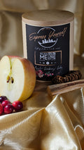 Handmade Apple Cranberry Cedar luxury coconut apricot wax candle with QR code label.