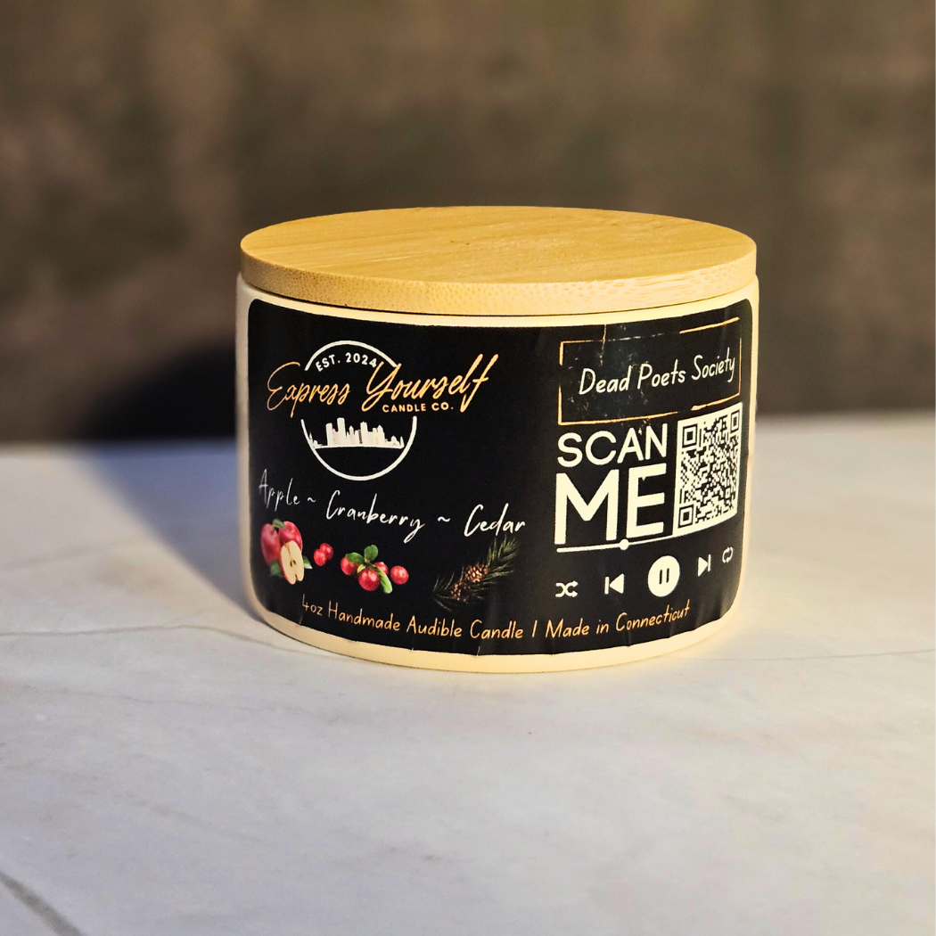 Apple Cranberry Cedar luxury coconut apricot wax candle with QR code label.