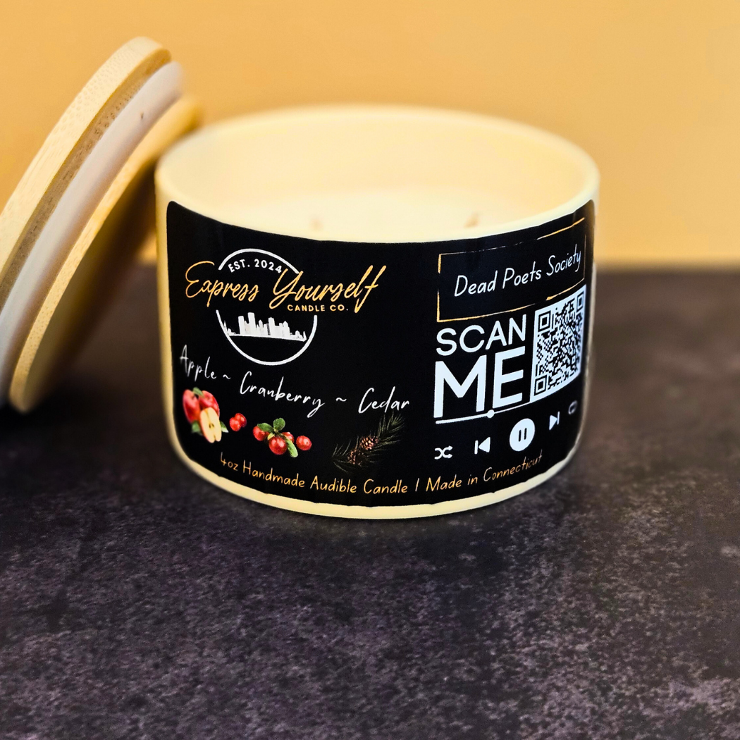 Apple Cranberry Cedar luxury coconut apricot wax candle with QR code label.