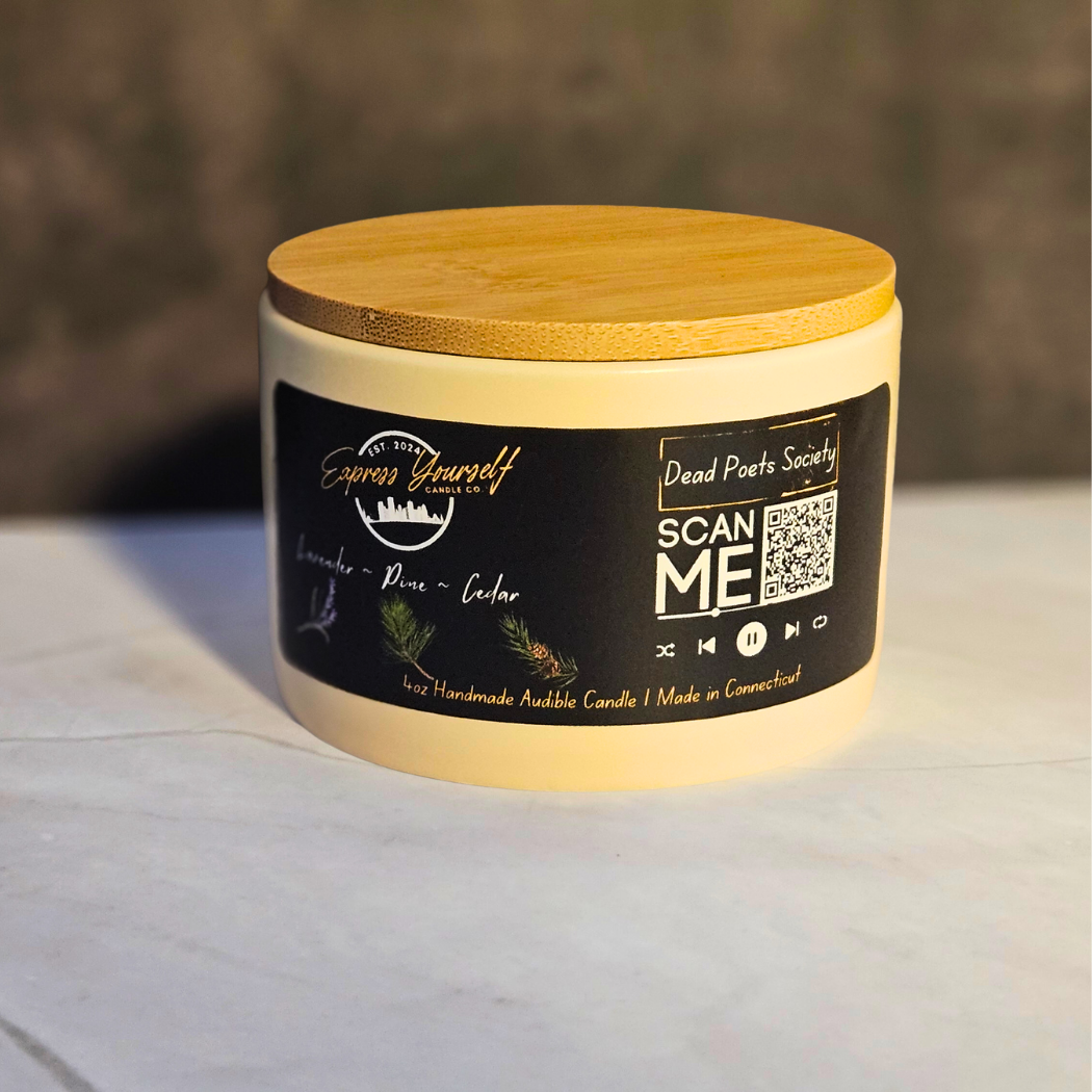 Handmade lavender, pine, Cedar luxury coconut apricot wax candle with QR code label.