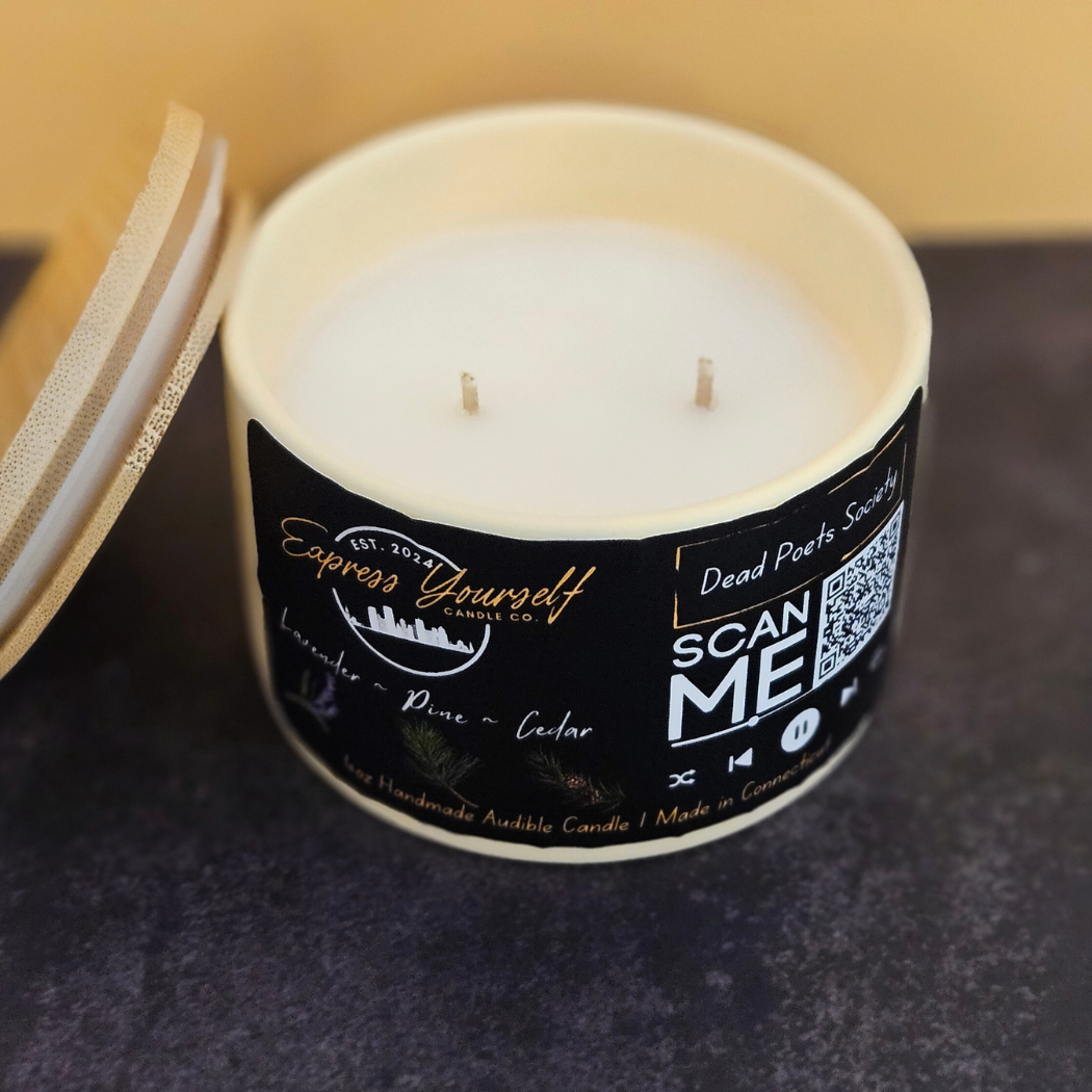 Handmade lavender, pine, Cedar luxury coconut apricot wax candle with QR code label.