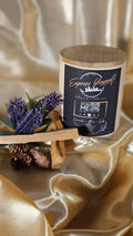 Handmade lavender, Pine, Cedar luxury coconut apricot wax candle with QR code label.