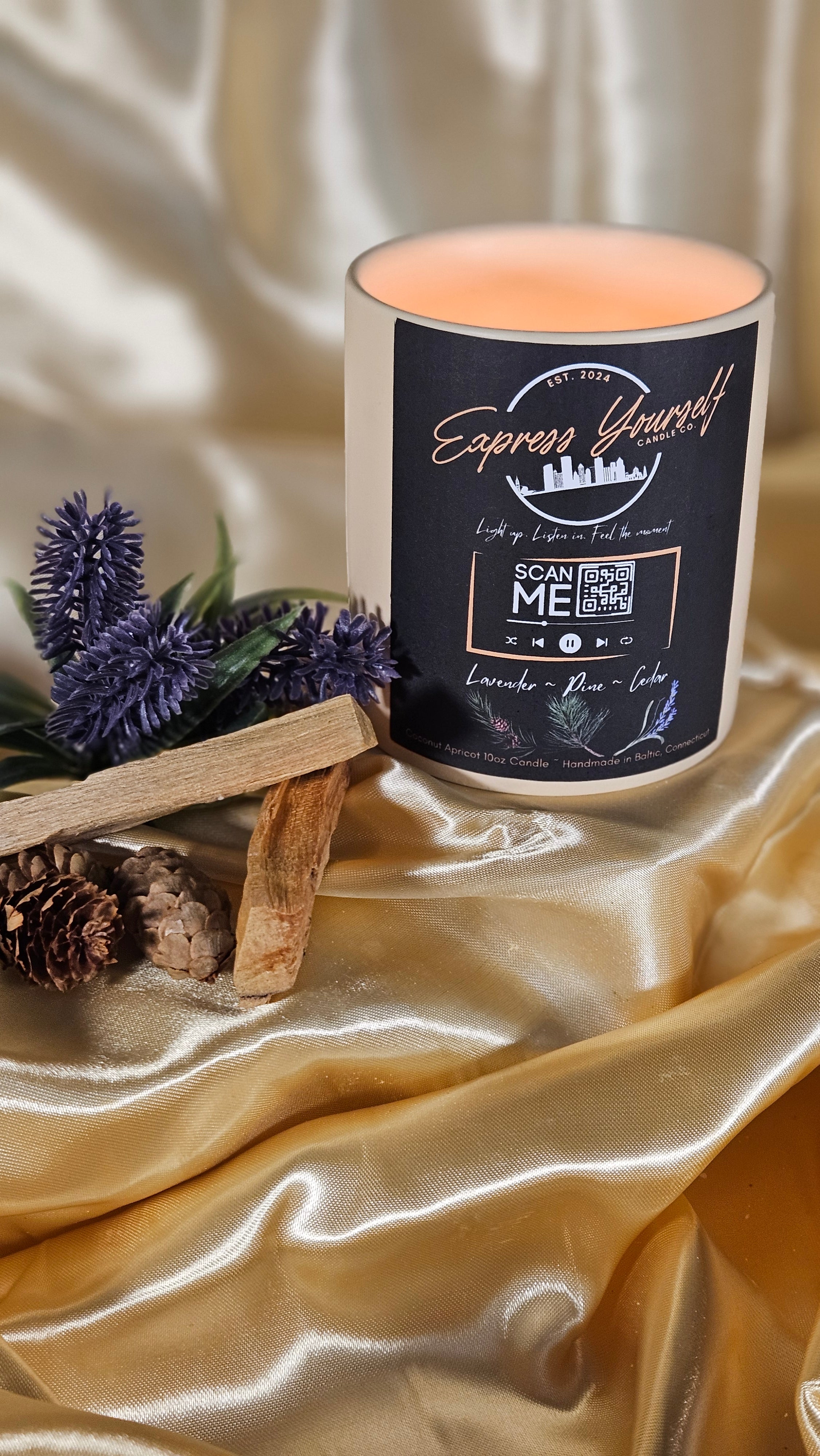 Handmade lavender, Pine, Cedar luxury coconut apricot wax candle with QR code label.