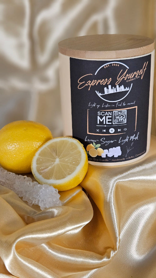 Handmade Lemon, Sugar, and Light Musk luxury coconut apricot wax candle with QR code label.
