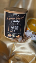 Handmade Orange, Gardenia, Amber luxury coconut apricot wax candle with QR code label on gold surface.
