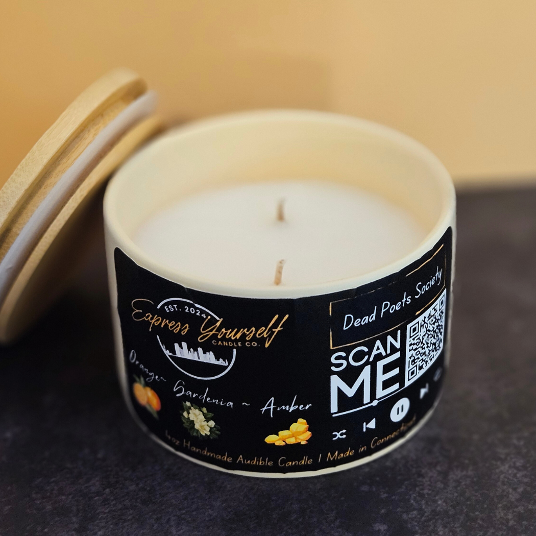 Handmade Orange, Gardenia, Amber luxury coconut apricot wax candle with QR code on the label.