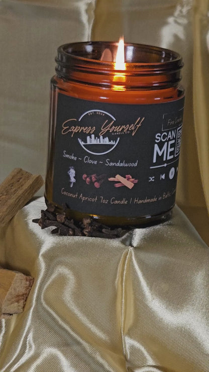 Smoke, Clove, and Sandalwood Scented Candle with Fire Crackle Audio