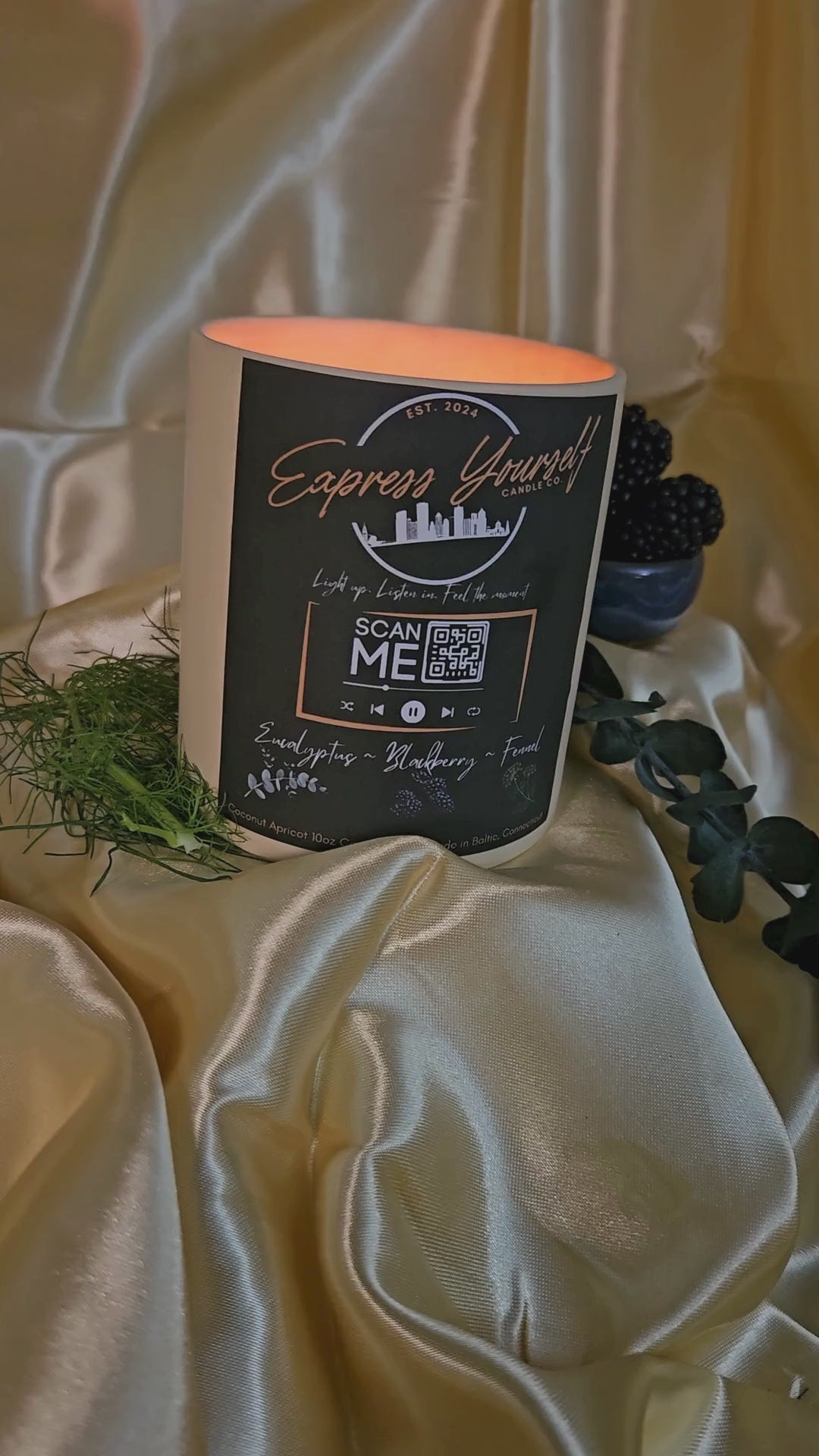 Handmade Eucalyptus, Blackberry, and fennel luxury coconut apricot wax candle with QR code.